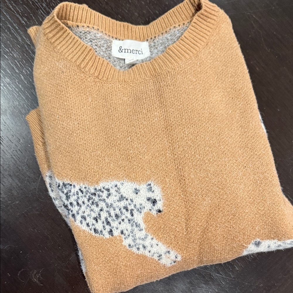 Merci Brown Tan Sweater with Leopard Design small women’s top long sleeve - Picture 6 of 7
